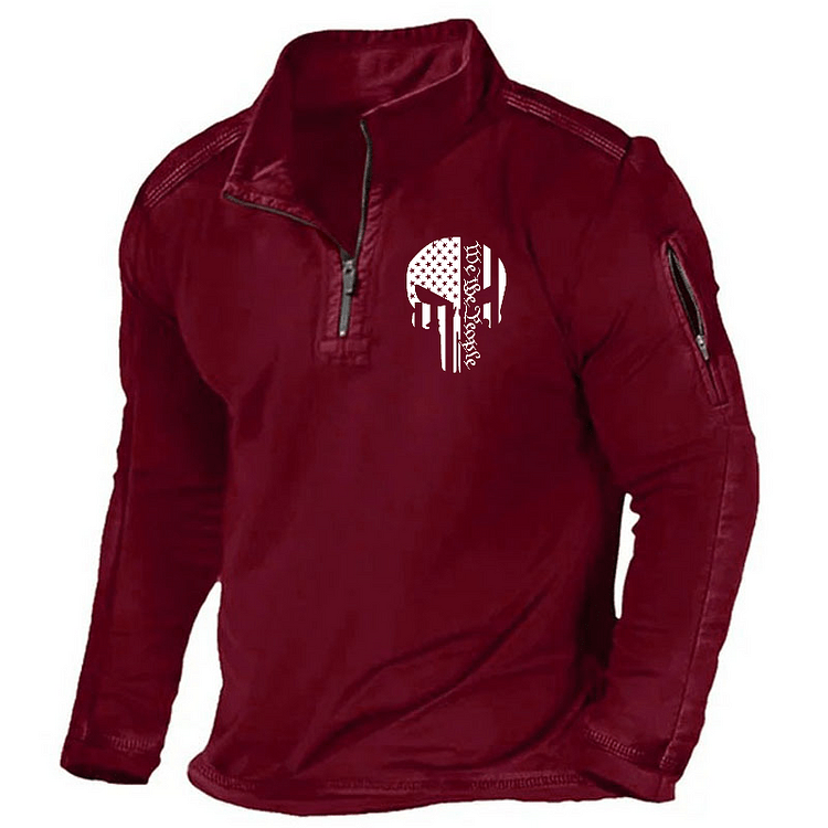 Maturelion Men's Henley Shirt We The People Skull Flag Zipper Henley Shirt