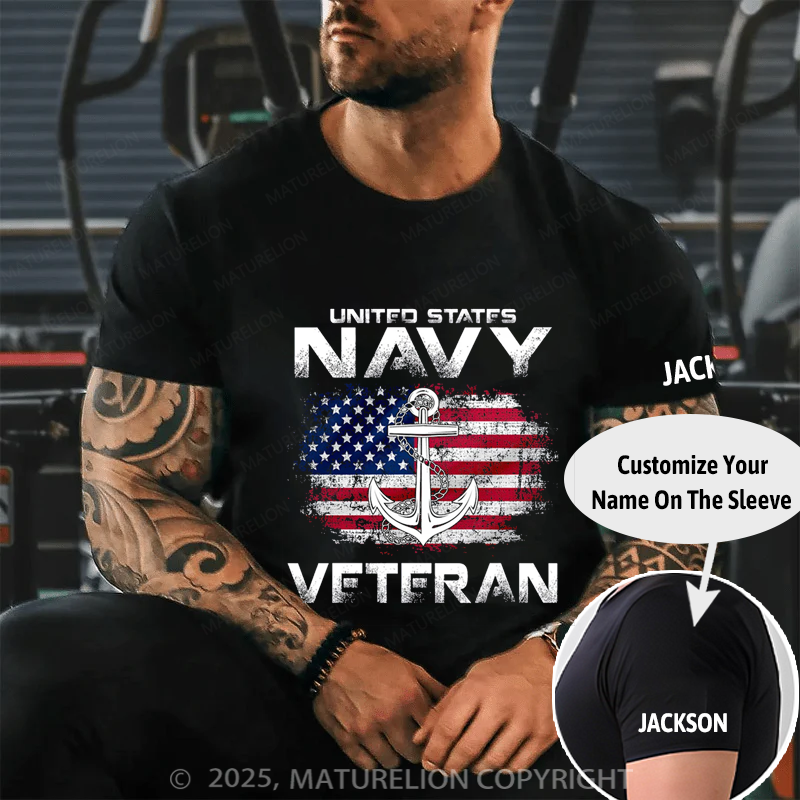 Maturelion Men's T-shirt Navy Veteran USA Flag Shirt Cotton T-shirt