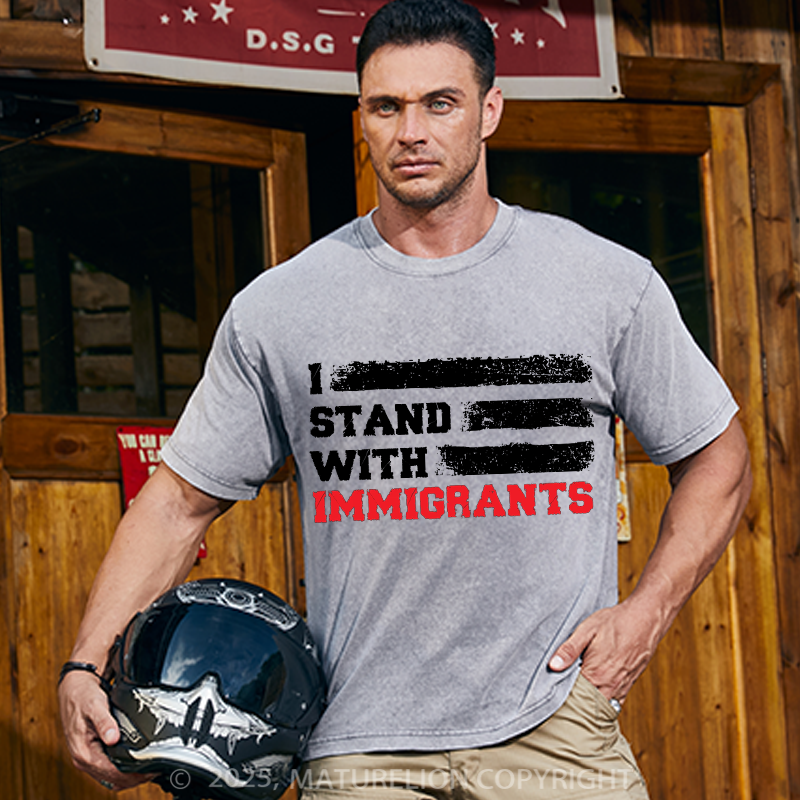Maturelion Men's T-shirt I stand with immigrants T Shirt USA Flag country 4th Of July T-shirt