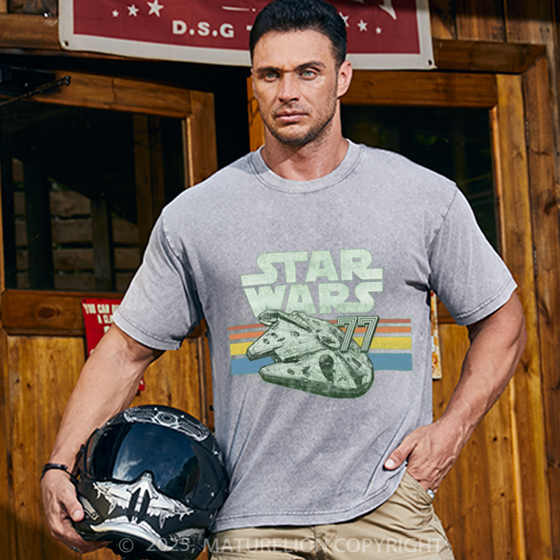 Maturelion Men's T-Shirt Millennium Falcon 77 Retro Lines Logo Cotton T-Shirt
