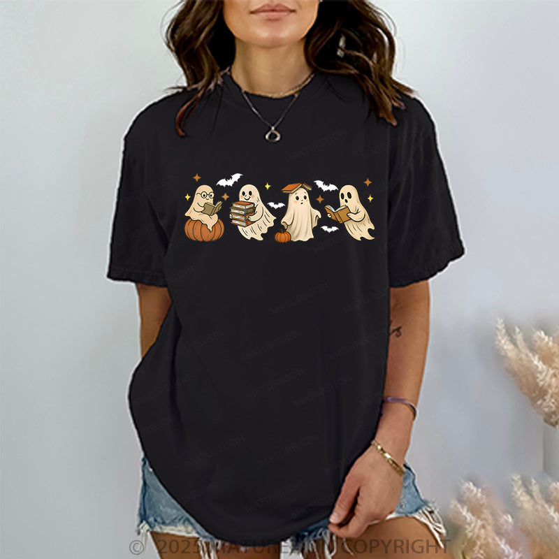 Maturelion Women's T-shirt Vintage Halloween Ghost Reading Books Cotton T-shirt