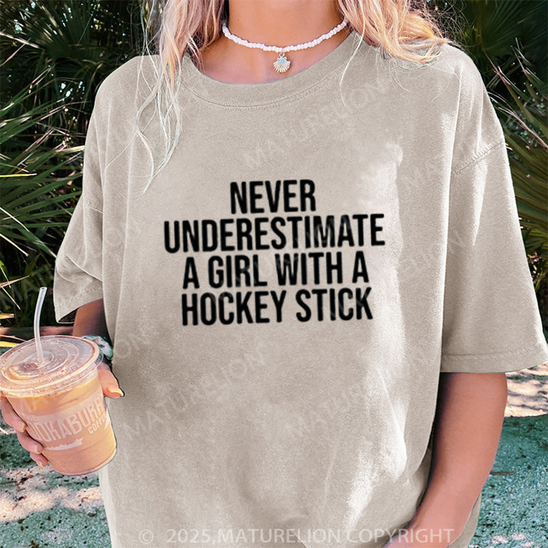 Maturelion Women's T-shirt Hockey girl shirt funny hockey stick DTG Washed T-shirt