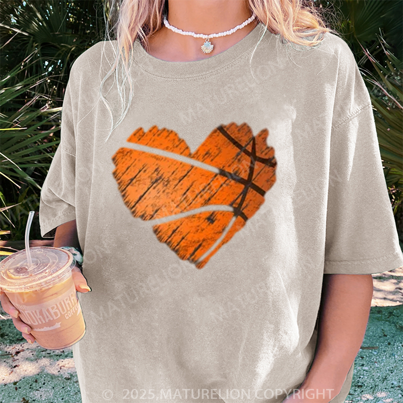 Maturelion Women's T-shirt Distressed Basketball Heart DTG Washed T-shirt