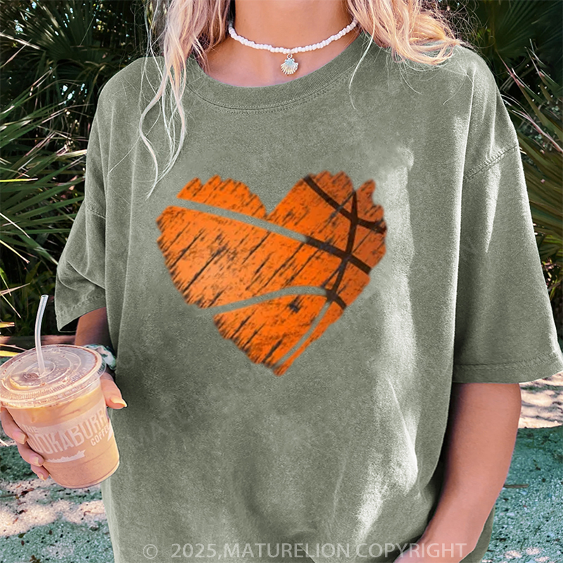 Maturelion Women's T-shirt Distressed Basketball Heart DTG Washed T-shirt