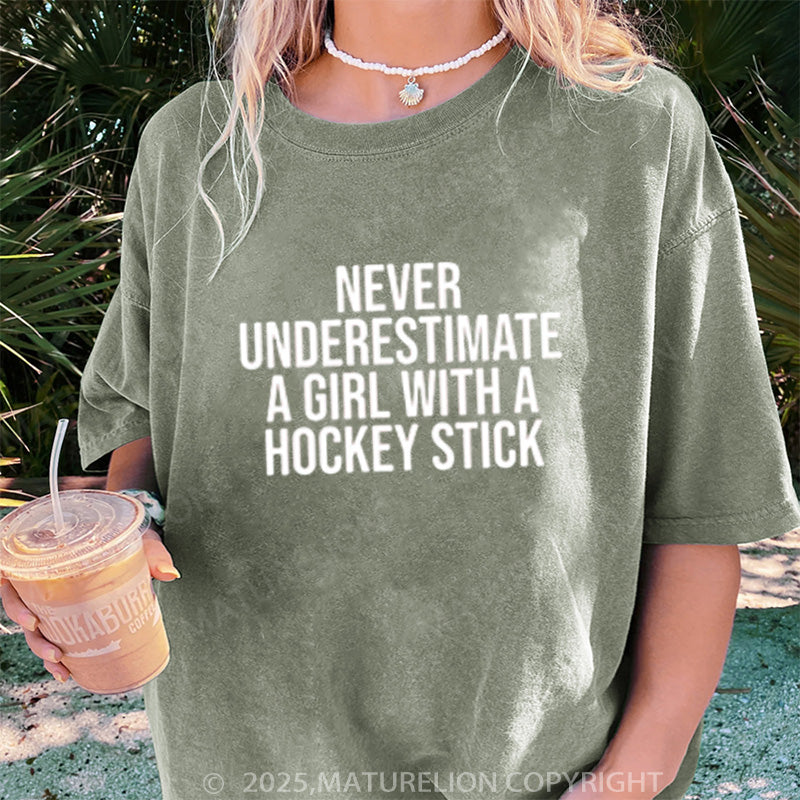 Maturelion Women's T-shirt Hockey girl shirt funny hockey stick DTG Washed T-shirt