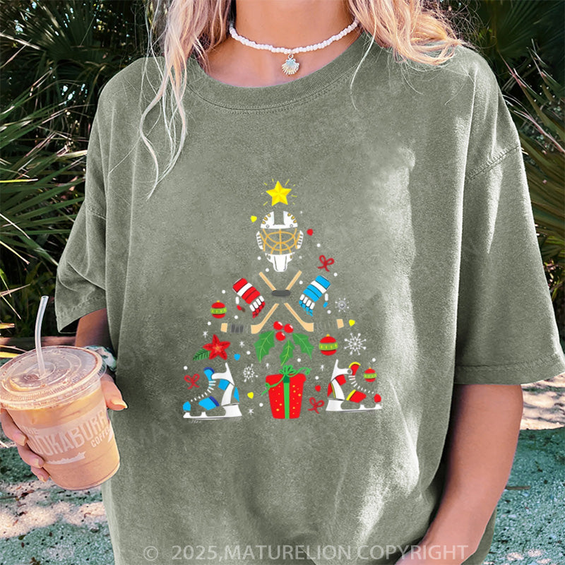 Maturelion Women's T-shirt Christmas Ice Hockey DTG Washed T-shirt