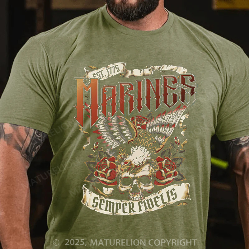 Maturelion Men's T-shirt Marines Tattoo Artwork Cotton T-shirt