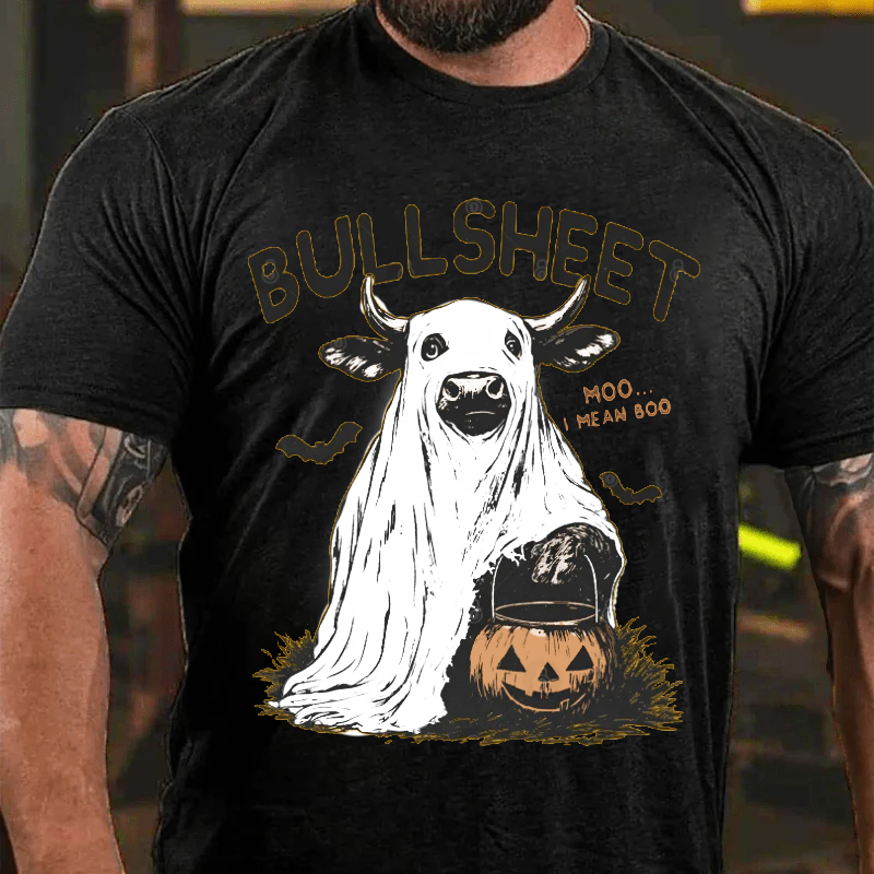 Maturelion Men's T-Shirt Funny Cow Halloween Pun – Bullsheet I Moo I Mean Boo Halloween Cotton T-Shirt