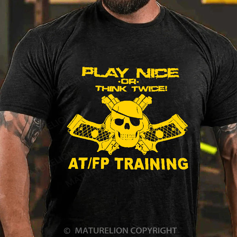 Maturelion Men's T-shirt Play Nice Think Twice Skull Guns Cotton T-shirt