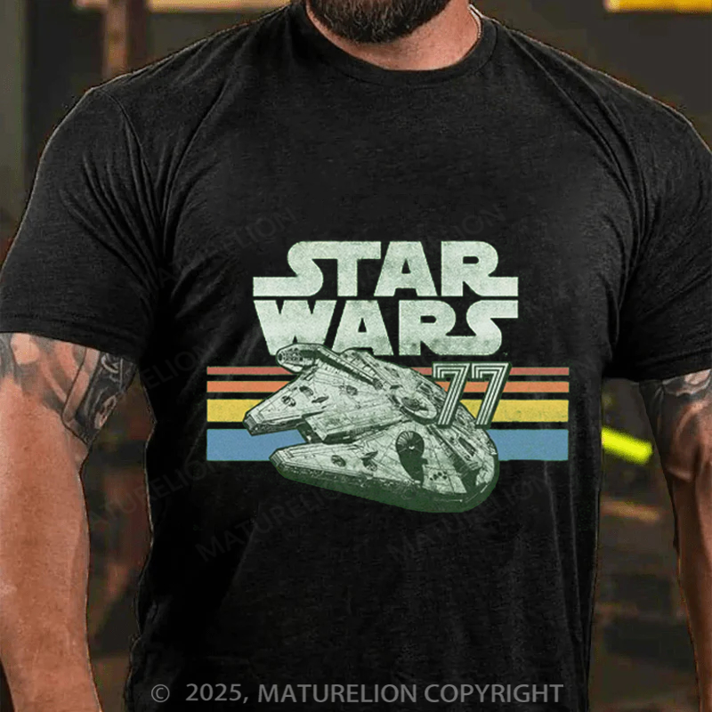 Maturelion Men's T-Shirt Millennium Falcon 77 Retro Lines Logo Cotton T-Shirt