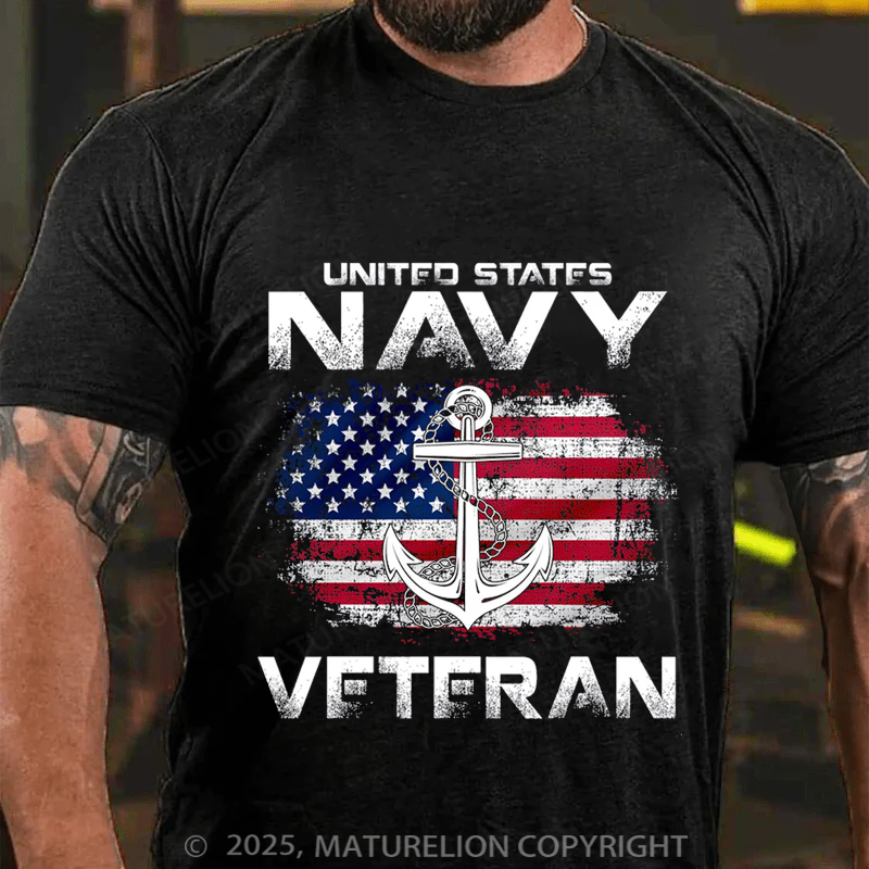 Maturelion Men's T-shirt Navy Veteran USA Flag Shirt Cotton T-shirt