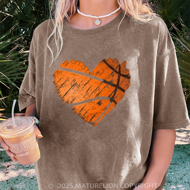 Maturelion Women's T-shirt Distressed Basketball Heart DTG Washed T-shirt