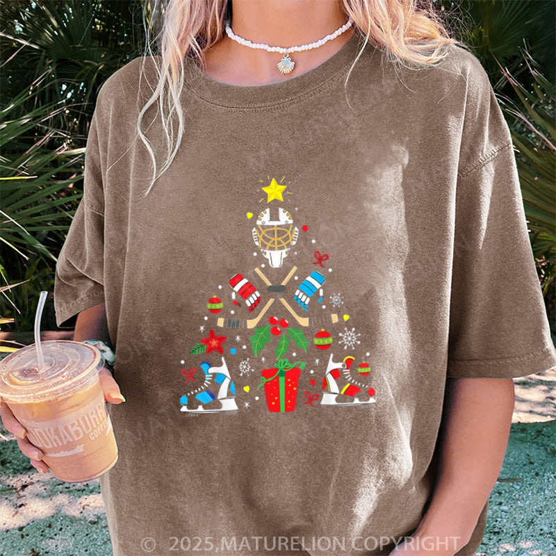 Maturelion Women's T-shirt Christmas Ice Hockey DTG Washed T-shirt