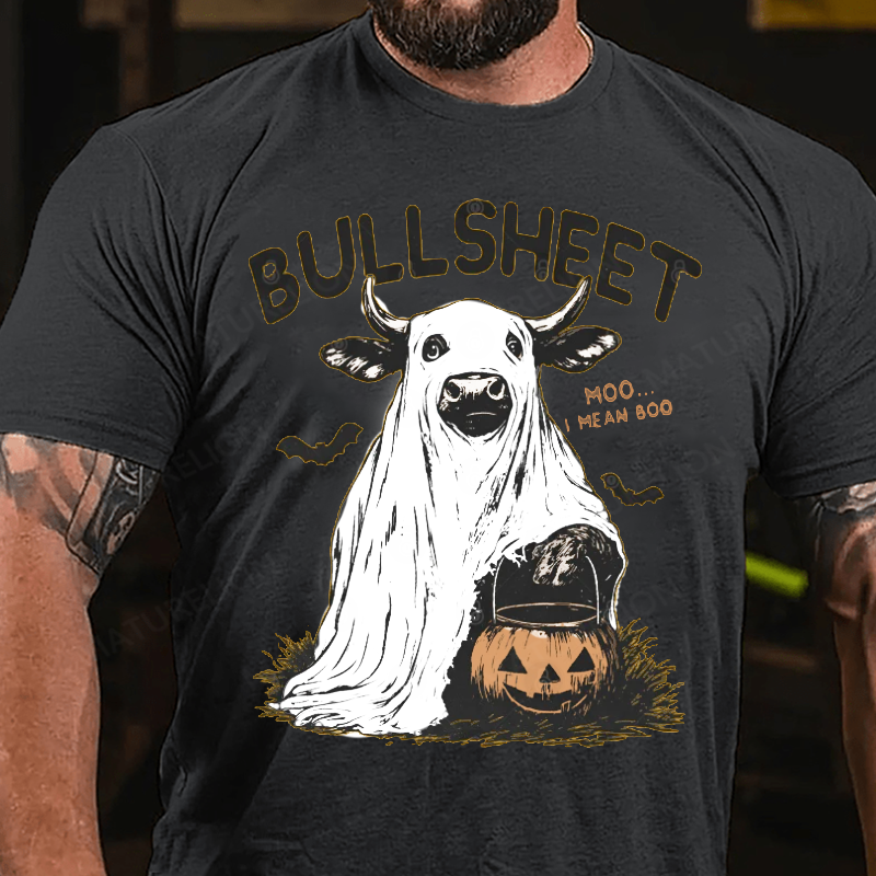 Maturelion Men's T-Shirt Funny Cow Halloween Pun – Bullsheet I Moo I Mean Boo Halloween Cotton T-Shirt