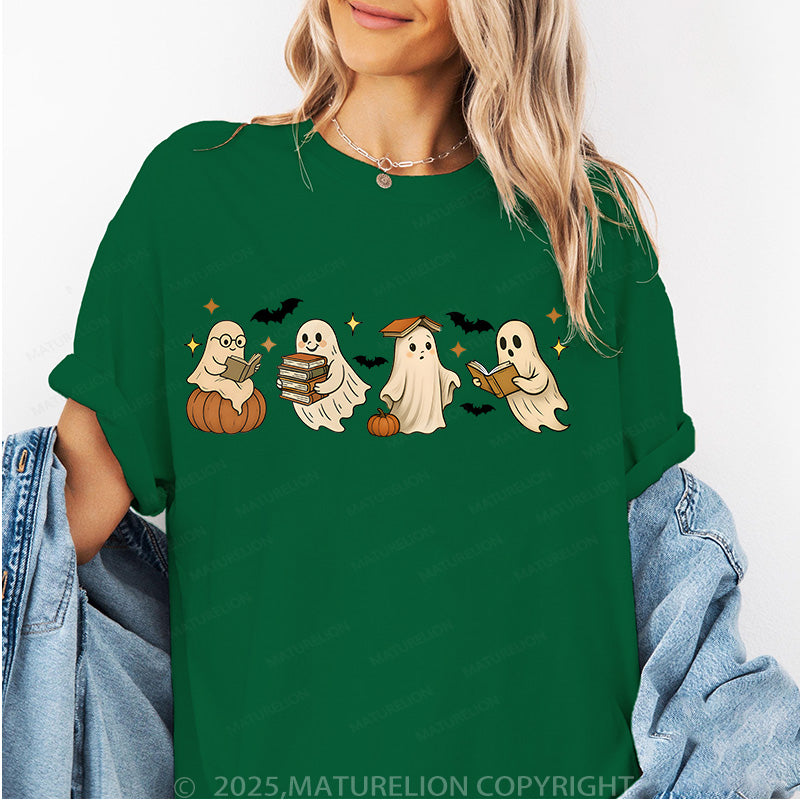 Maturelion Women's T-shirt Vintage Halloween Ghost Reading Books Cotton T-shirt