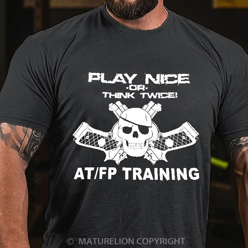 Maturelion Men's T-shirt Play Nice Think Twice Skull Guns Cotton T-shirt