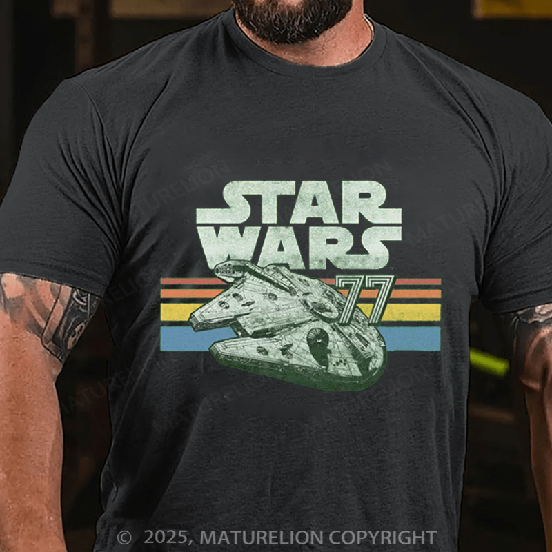 Maturelion Men's T-Shirt Millennium Falcon 77 Retro Lines Logo Cotton T-Shirt