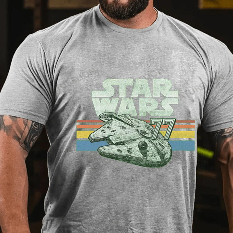 Maturelion Men's T-Shirt Millennium Falcon 77 Retro Lines Logo Cotton T-Shirt