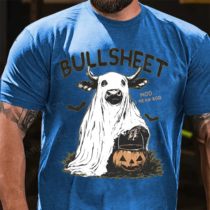 Maturelion Men's T-Shirt Funny Cow Halloween Pun – Bullsheet I Moo I Mean Boo Halloween Cotton T-Shirt