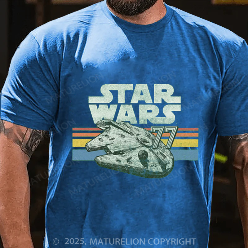 Maturelion Men's T-Shirt Millennium Falcon 77 Retro Lines Logo Cotton T-Shirt