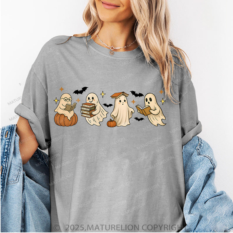 Maturelion Women's T-shirt Vintage Halloween Ghost Reading Books Cotton T-shirt