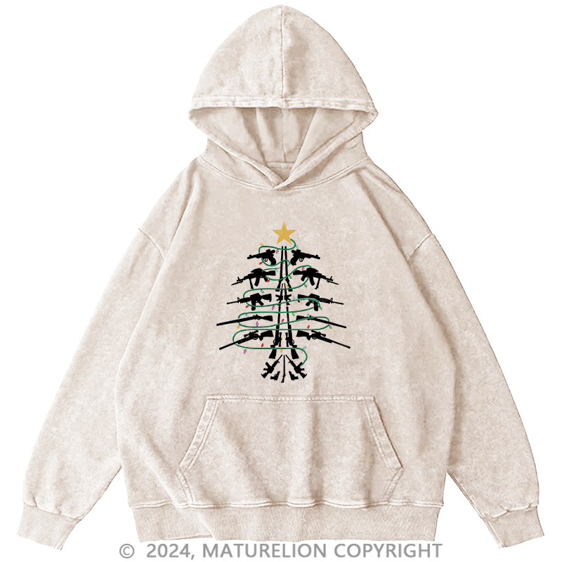 Maturelion Men's Hoodie Christmas Tree Firepower DTG Printing Washed Hoodie