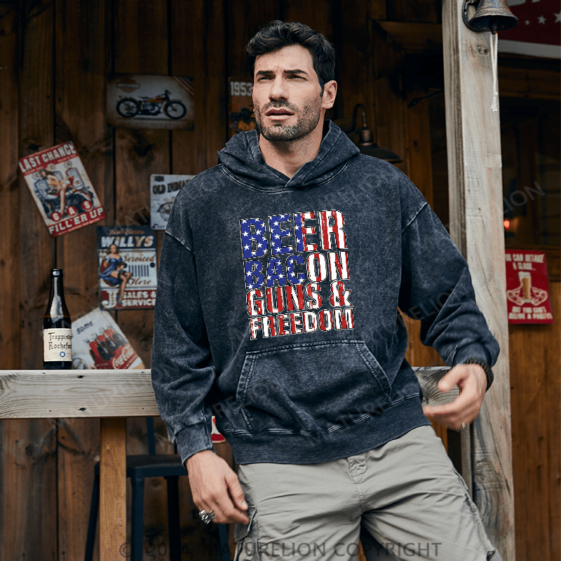 Maturelion Men's Hoodie Beer Bacon Guns And Freedom DTG Printing Washed Hoodie