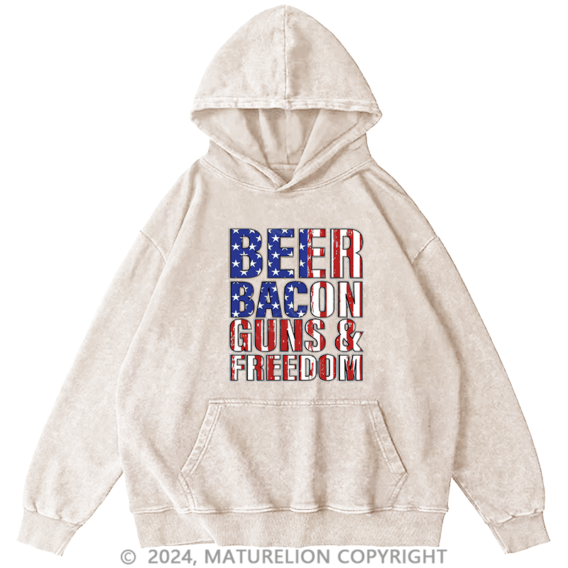 Maturelion Men's Hoodie Beer Bacon Guns And Freedom DTG Printing Washed Hoodie