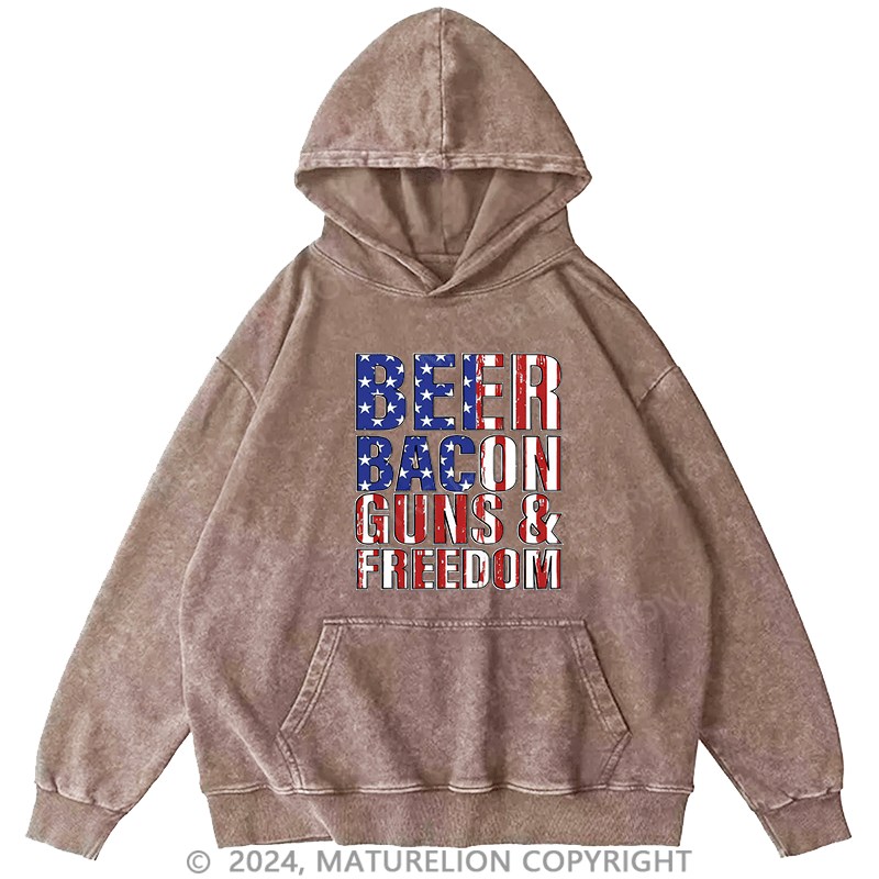 Maturelion Men's Hoodie Beer Bacon Guns And Freedom DTG Printing Washed Hoodie
