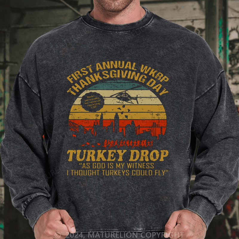 Maturelion Men's Sweatshirt First Annual WKRP Thanksgiving Day Turkey Drop Vintage Retro Sweatshirt