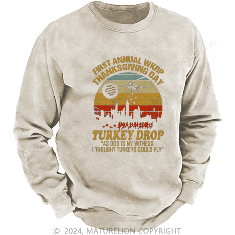 Maturelion Men's Sweatshirt First Annual WKRP Thanksgiving Day Turkey Drop Vintage Retro Sweatshirt
