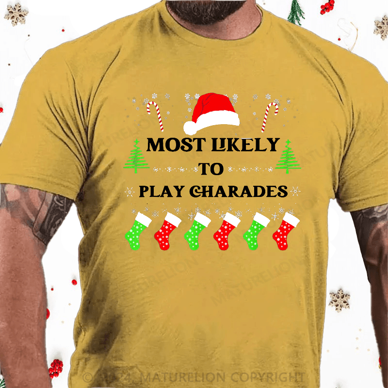 Maturelion Christmas T-Shirt Most Likely To Play Charades Family Christmas Santa Hat T-Shirt