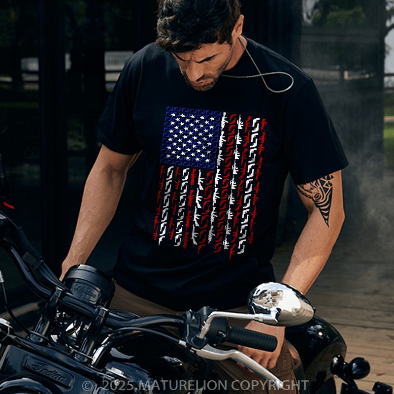 Maturelion Men's T-shirt American Flag in Guns Cotton T-shirt