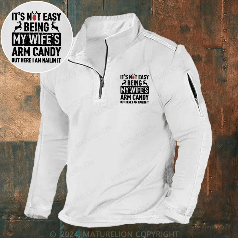 Maturelion Christmas Henley Shirt It's Not Easy Being My Wife's Arm Candy But Here I'm Nailing It Cotton Henley Shirt