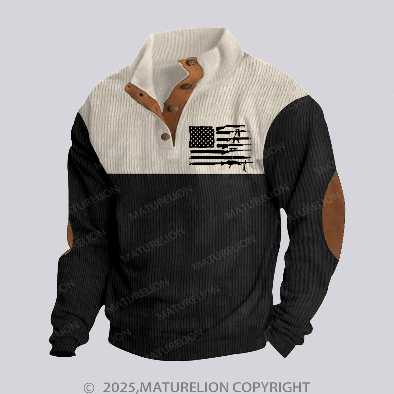 Maturelion Men's Henley Shirt American Gun Flag Funny Stand Collar Button Henley Shirt