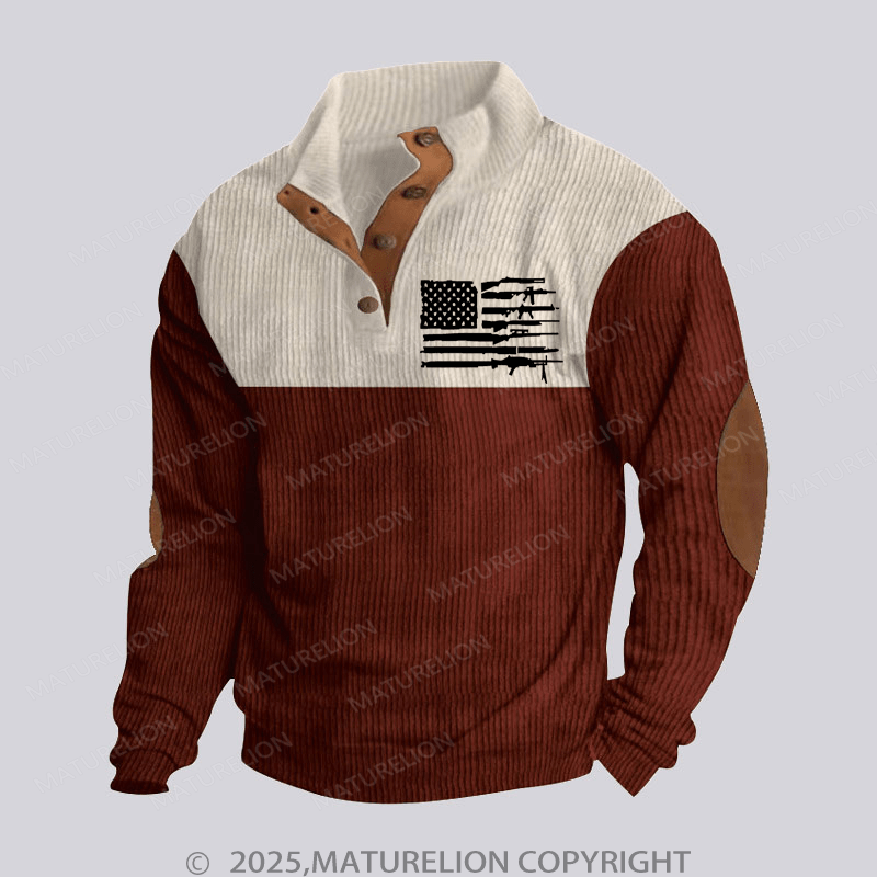 Maturelion Men's Henley Shirt American Gun Flag Funny Stand Collar Button Henley Shirt
