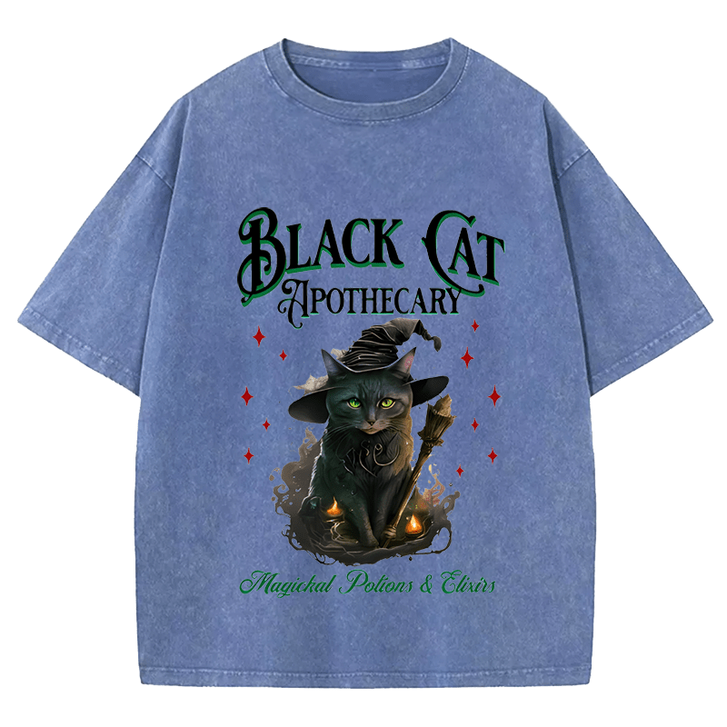 Maturelion Halloween Black Cat Apothecary Halloween Casual DTG Printing Washed Cotton T-Shirt
