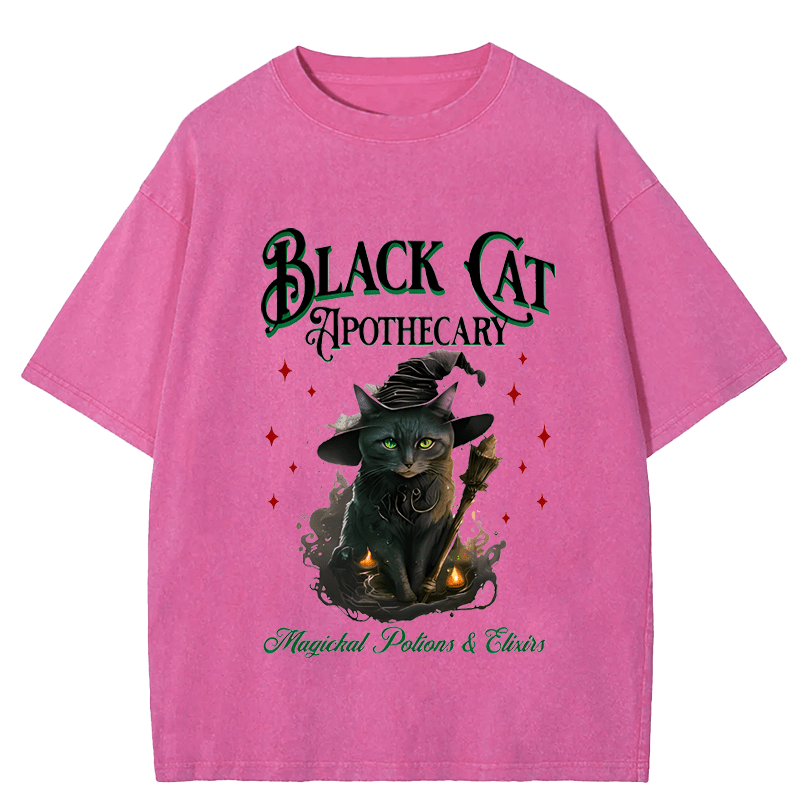 Maturelion Halloween Black Cat Apothecary Halloween Casual DTG Printing Washed Cotton T-Shirt