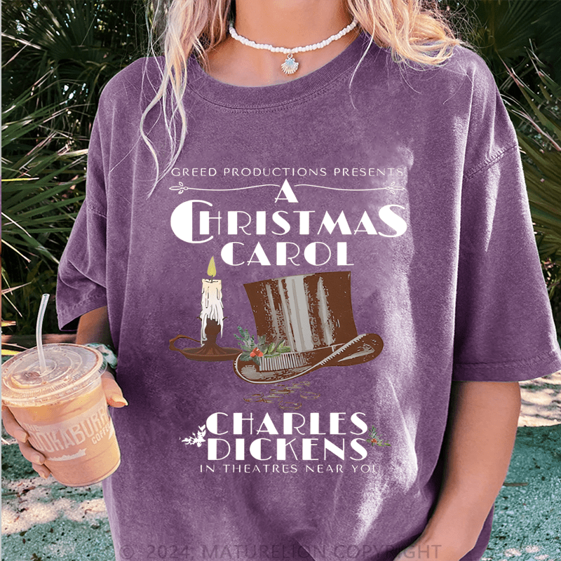 Maturelion Christmas T-Shirt Greed Productions Presents A Christmas Carol Women T-Shirt