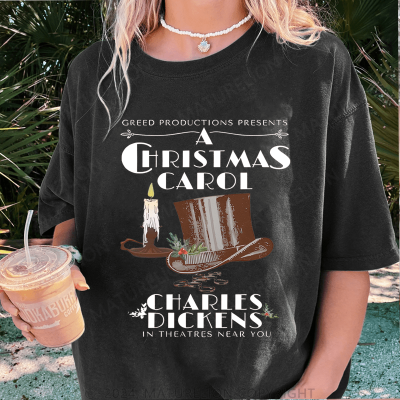 Maturelion Christmas T-Shirt Greed Productions Presents A Christmas Carol Women T-Shirt