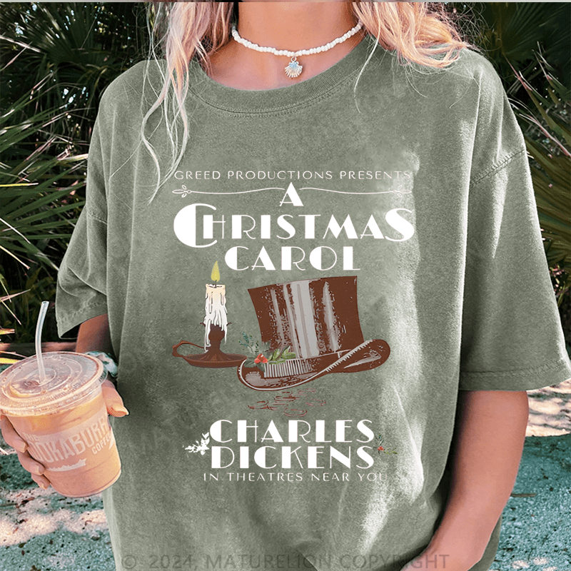 Maturelion Christmas T-Shirt Greed Productions Presents A Christmas Carol Women T-Shirt
