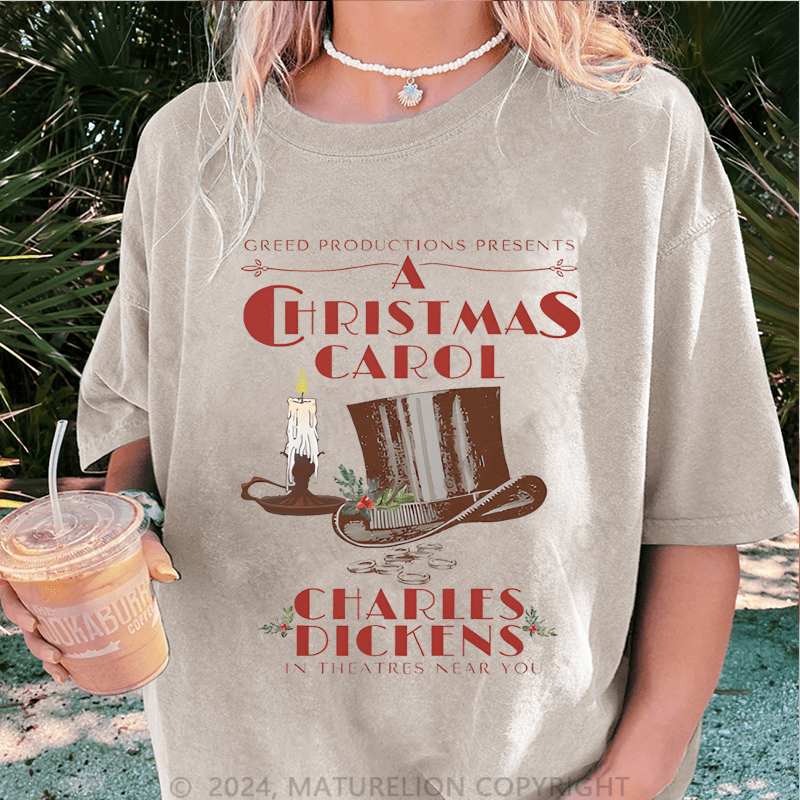 Maturelion Christmas T-Shirt Greed Productions Presents A Christmas Carol Women T-Shirt