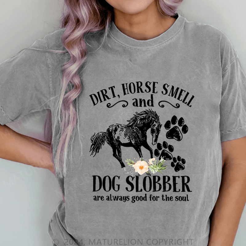 Maturelion Cute Horse And Dog Flower Dirt Horse Smell DTG Printing Washed Cotton T-Shirt