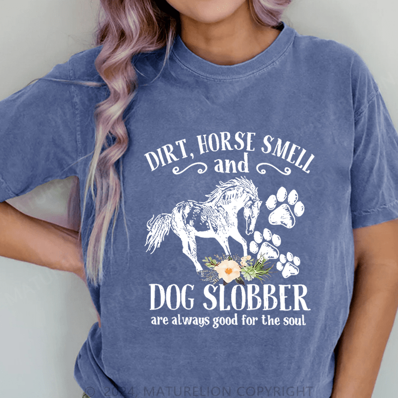 Maturelion Cute Horse And Dog Flower Dirt Horse Smell DTG Printing Washed Cotton T-Shirt