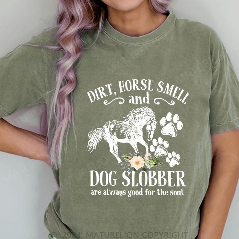 Maturelion Cute Horse And Dog Flower Dirt Horse Smell DTG Printing Washed Cotton T-Shirt