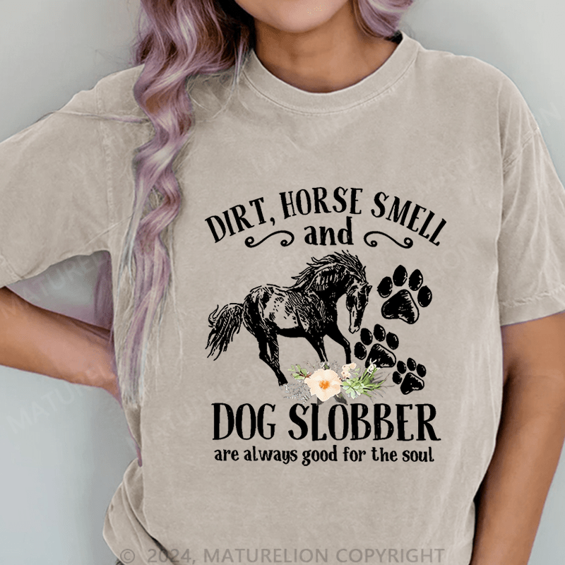 Maturelion Cute Horse And Dog Flower Dirt Horse Smell DTG Printing Washed Cotton T-Shirt
