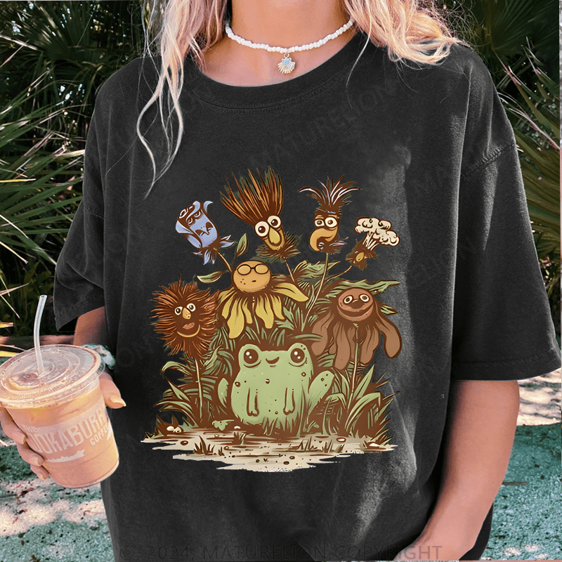 Maturelion Happy Frog DTG Printing Washed Cotton T-Shirt