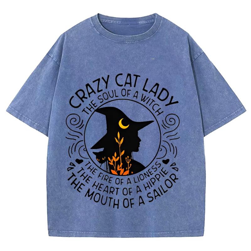 Maturelion Halloween Happy Halloween Lady Witch Casual DTG Printing Washed Cotton T-Shirt