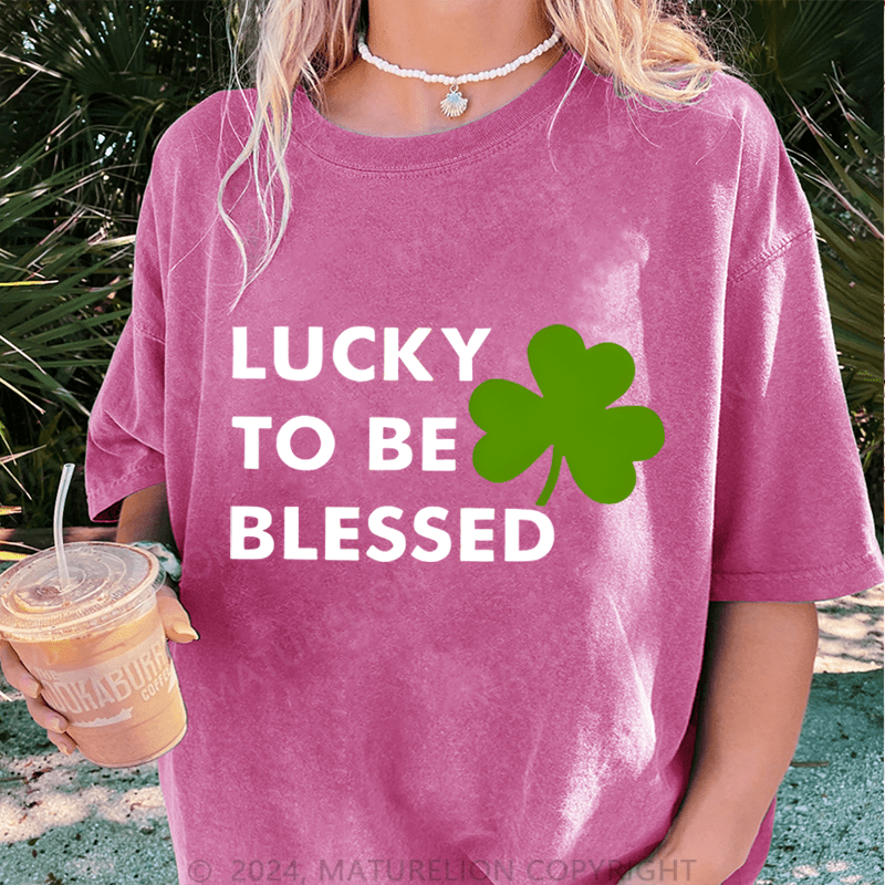 Maturelion Lucky To Be Blessed DTG Printing Washed Cotton T-Shirt