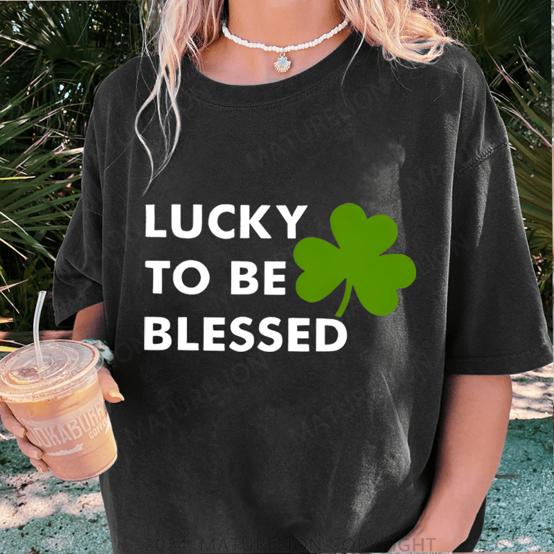 Maturelion Lucky To Be Blessed DTG Printing Washed Cotton T-Shirt
